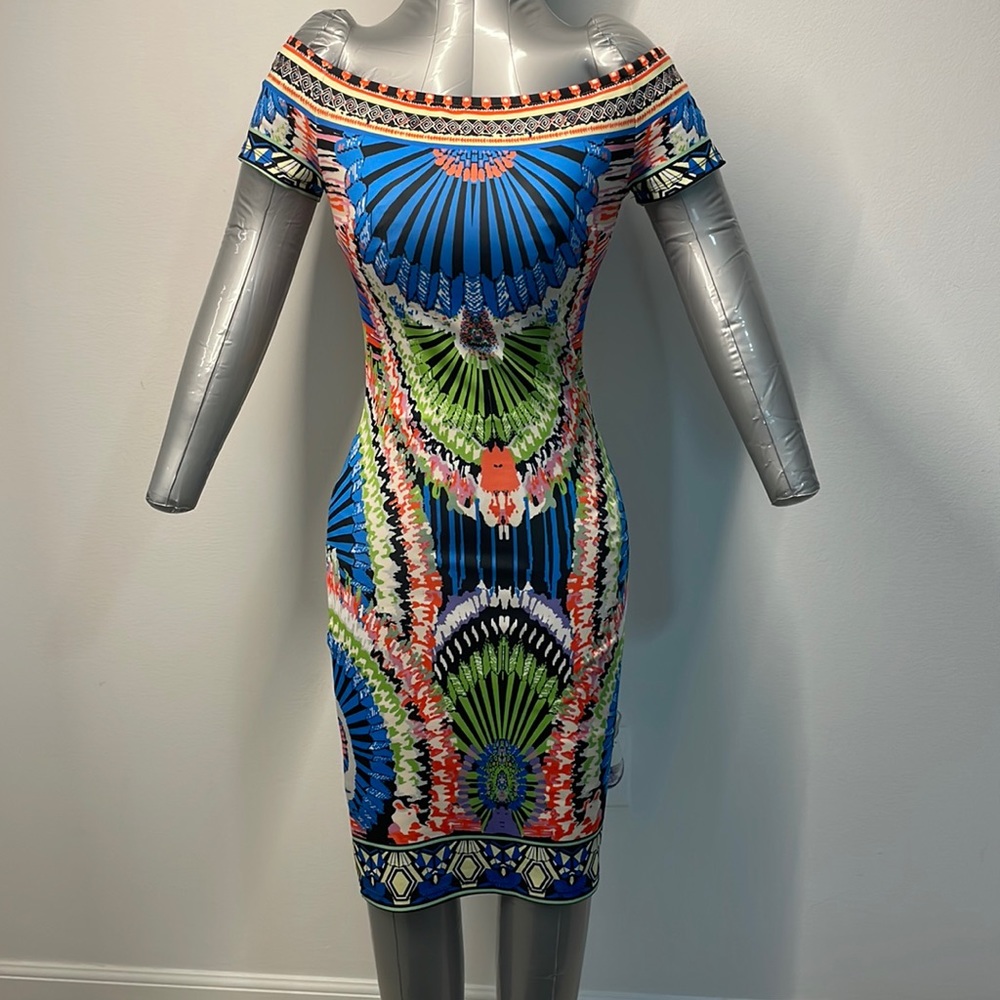 Colorful multi colored midi party dress. Off the shoulder